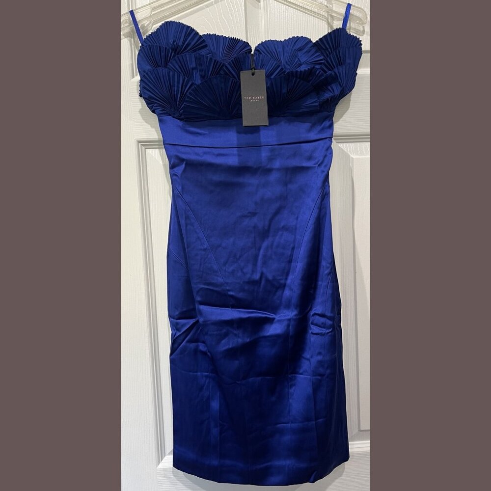 $325 NWT TED BAKER LONDON GLASSY STRAPLESS FAN RUFFLE DRESS SIZE: 0 TB / 2 US